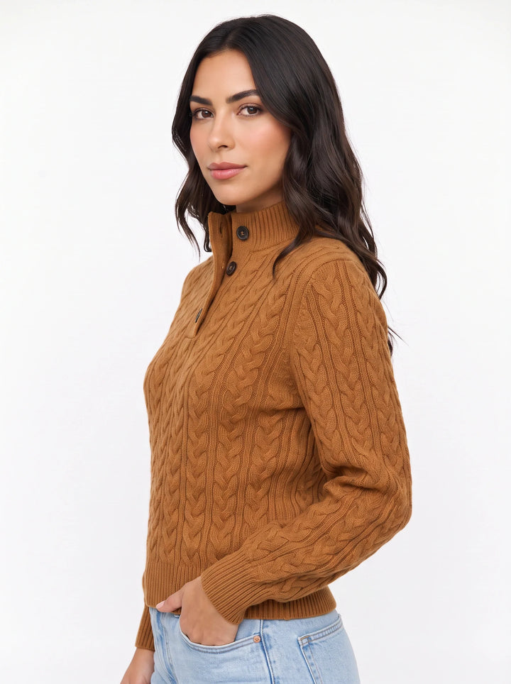 Trecci Cable Knit Mock Neck Sweater – Women Henley Button Pullover Casual Winter Office Knit Sweater