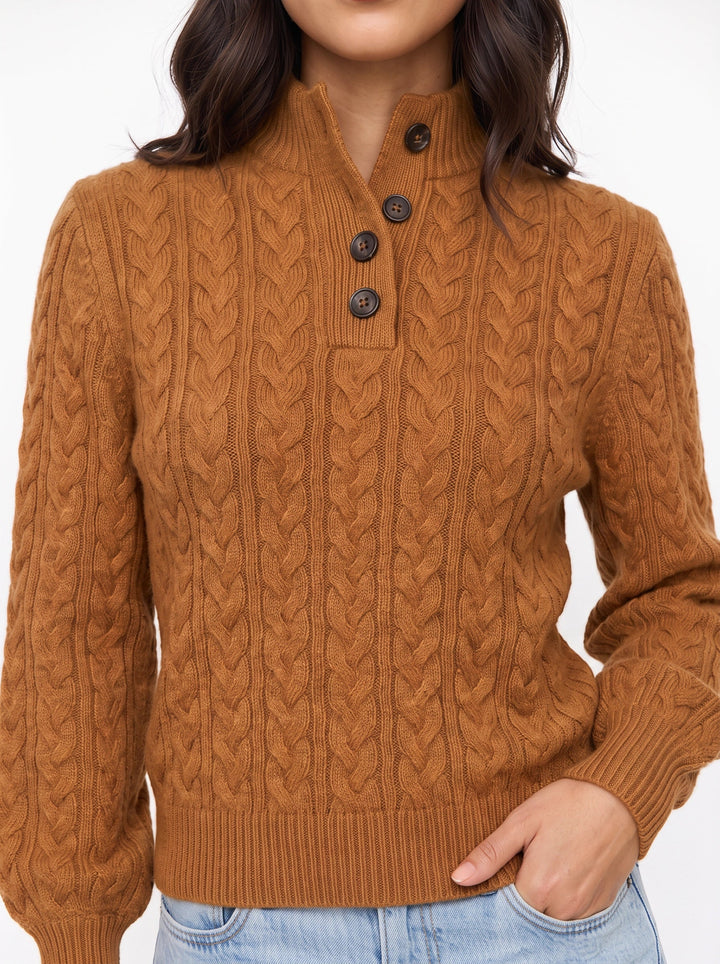 Trecci Cable Knit Mock Neck Sweater – Women Henley Button Pullover Casual Winter Office Knit Sweater