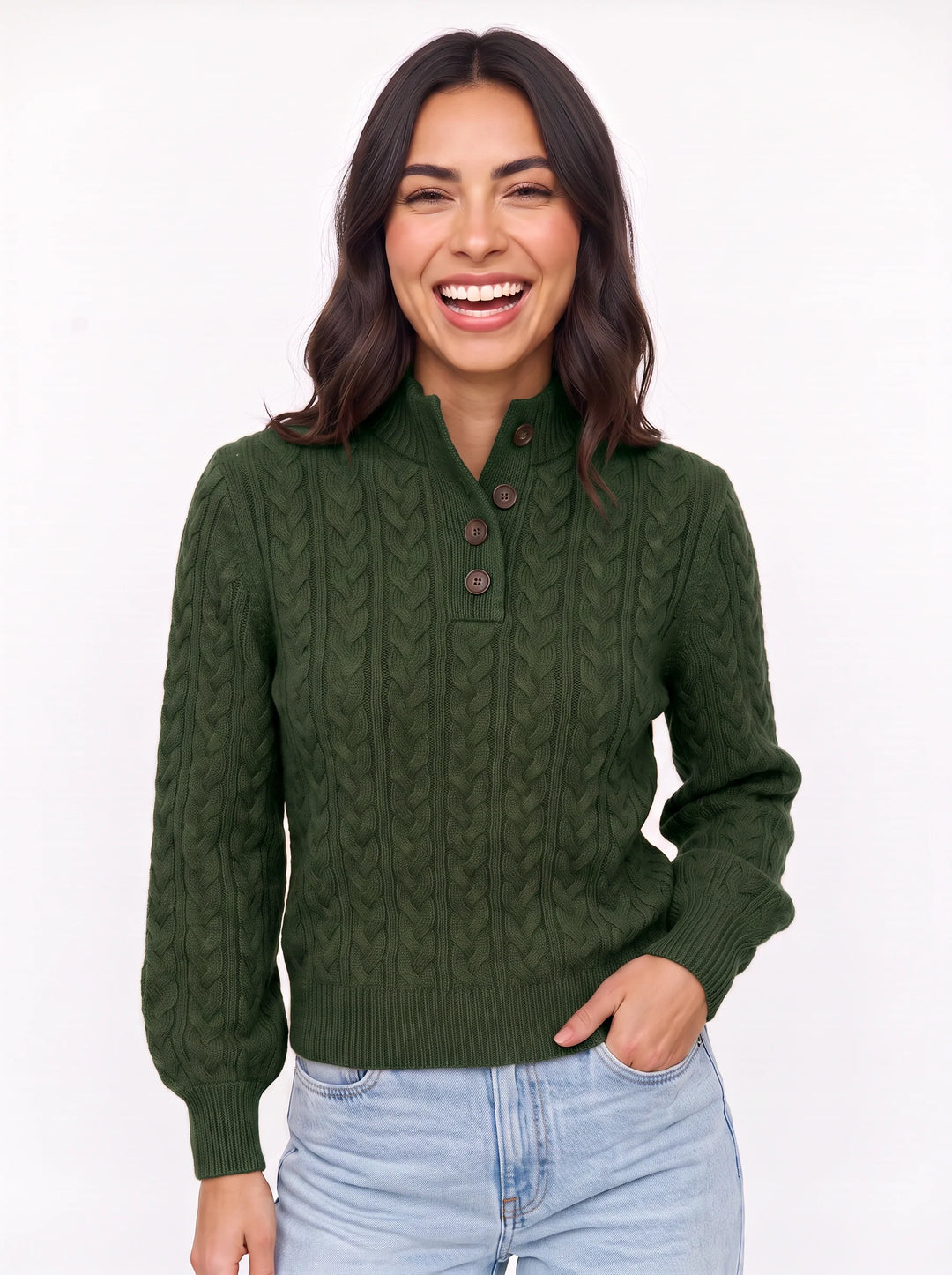 Trecci Cable Knit Mock Neck Sweater – Women Henley Button Pullover Casual Winter Office Knit Sweater