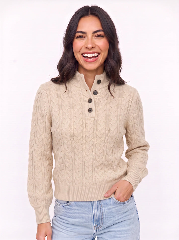 Trecci Cable Knit Mock Neck Sweater – Women Henley Button Pullover Casual Winter Office Knit Sweater