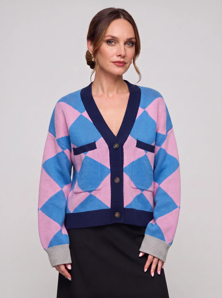 Rombit Geometric Knit Cardigan – Women Button Up V Neck Oversized Colorblock Argyle Pattern Cardigan