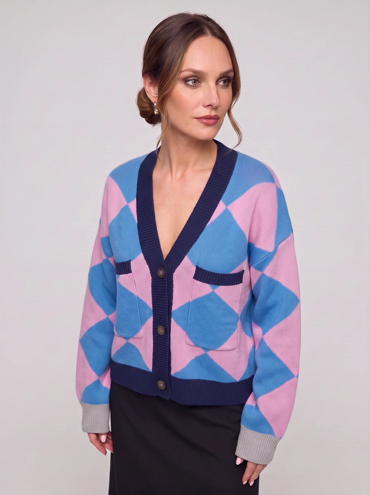 Rombit Geometric Knit Cardigan – Women Button Up V Neck Oversized Colorblock Argyle Pattern Cardigan