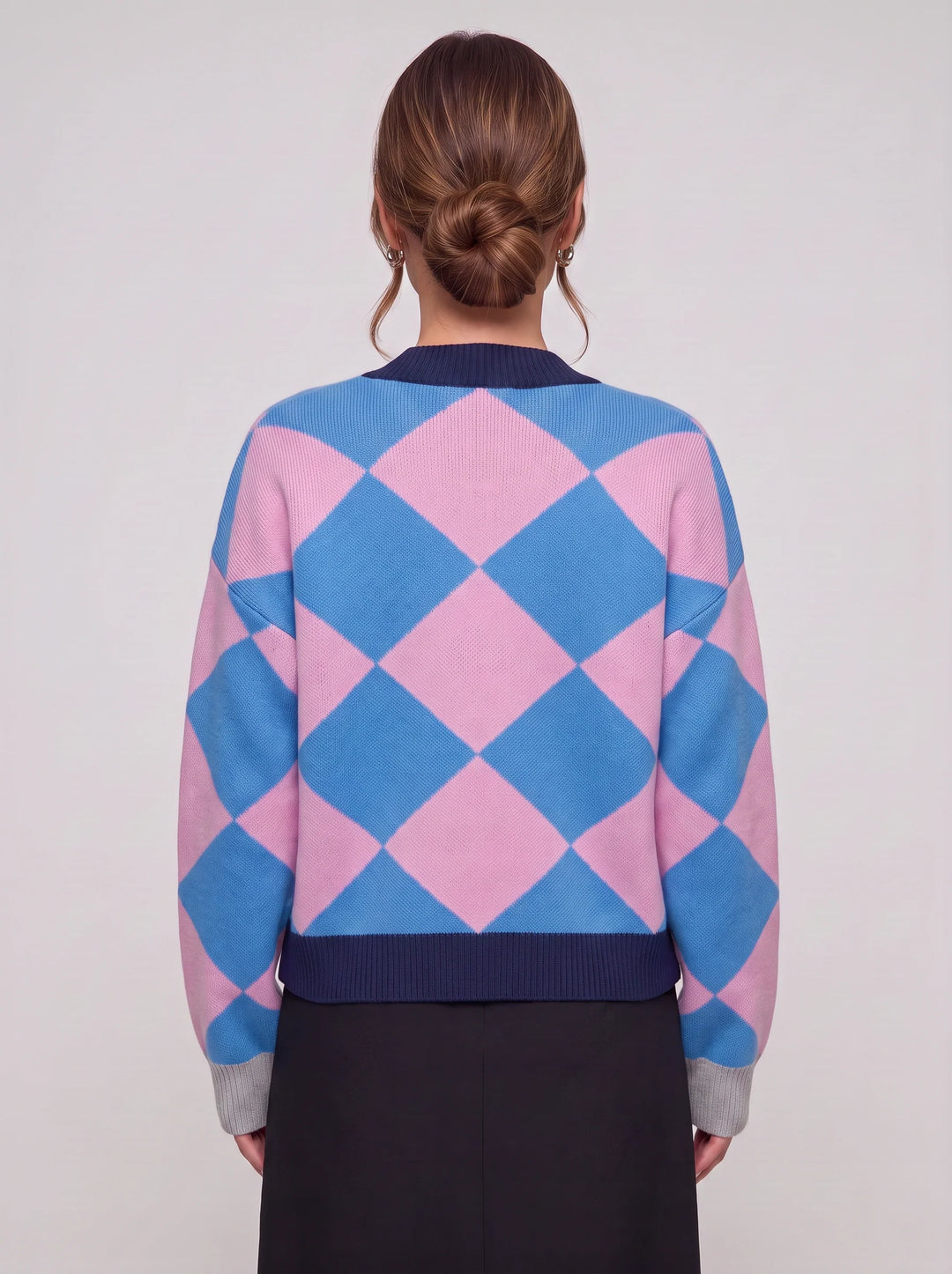 Rombit Geometric Knit Cardigan – Women Button Up V Neck Oversized Colorblock Argyle Pattern Cardigan