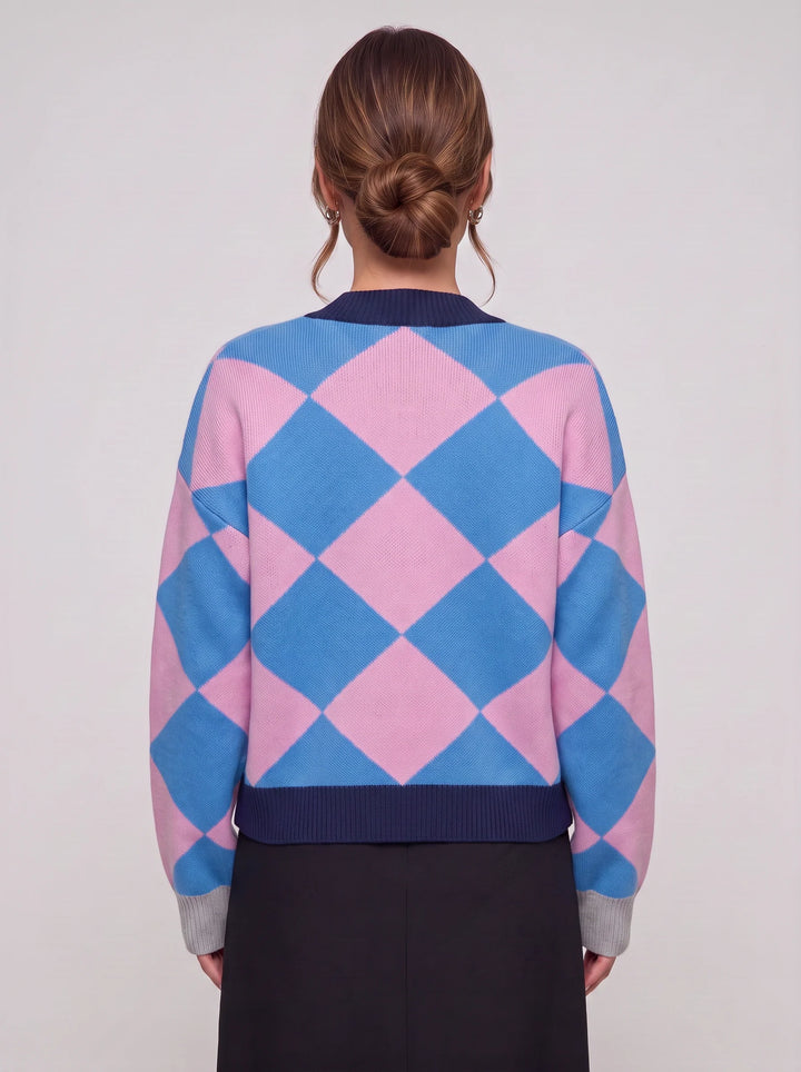 Rombit Geometric Knit Cardigan – Women Button Up V Neck Oversized Colorblock Argyle Pattern Cardigan