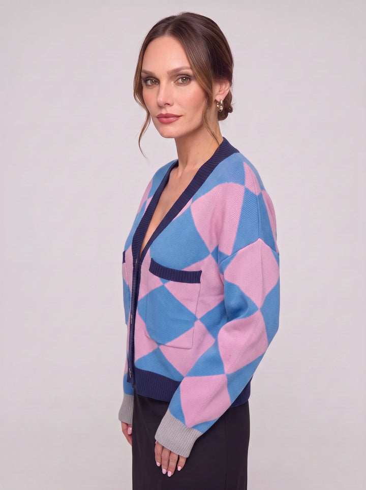 Rombit Geometric Knit Cardigan – Women Button Up V Neck Oversized Colorblock Argyle Pattern Cardigan