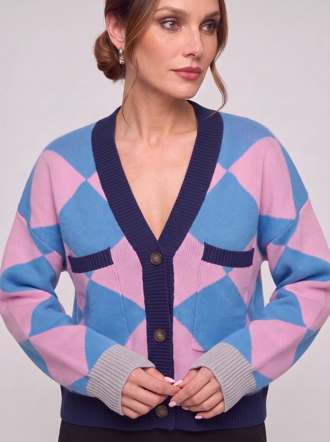 Rombit Geometric Knit Cardigan – Women Button Up V Neck Oversized Colorblock Argyle Pattern Cardigan