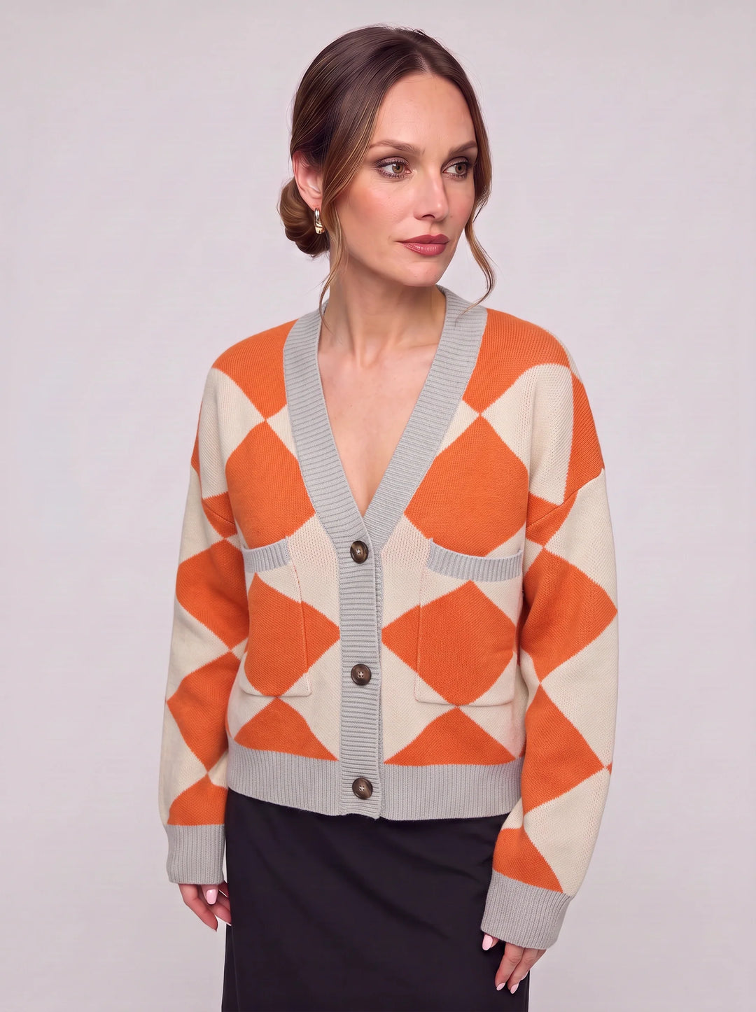 Rombit Geometric Knit Cardigan – Women Button Up V Neck Oversized Colorblock Argyle Pattern Cardigan