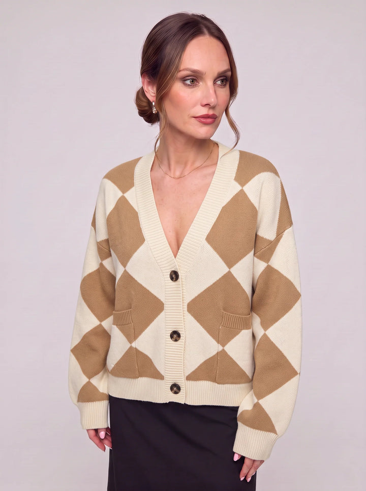 Rombit Geometric Knit Cardigan – Women Button Up V Neck Oversized Colorblock Argyle Pattern Cardigan