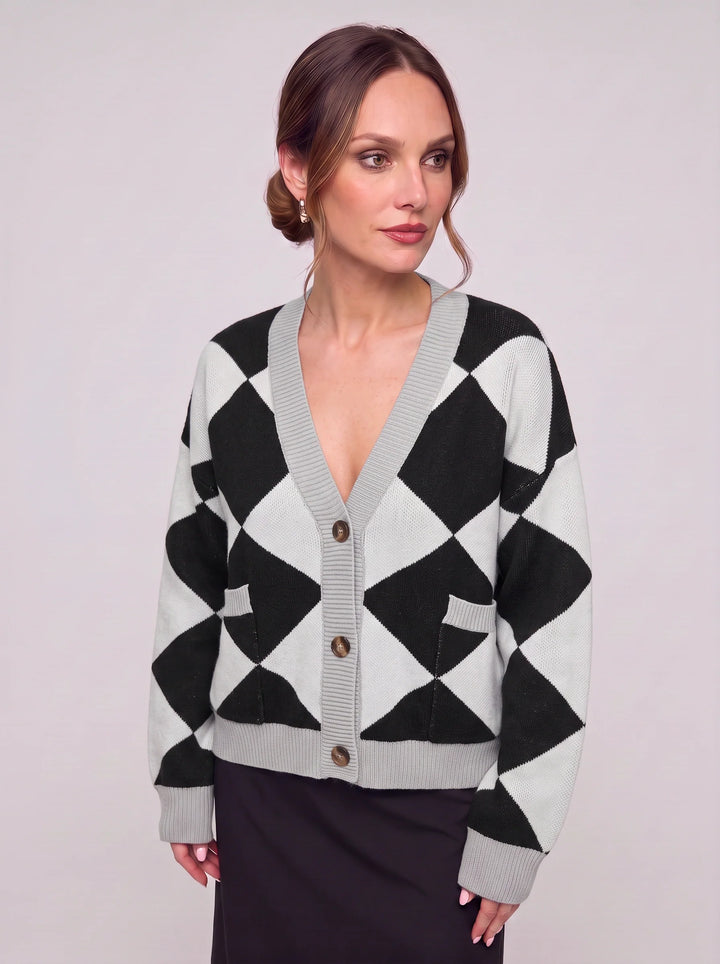 Rombit Geometric Knit Cardigan – Women Button Up V Neck Oversized Colorblock Argyle Pattern Cardigan