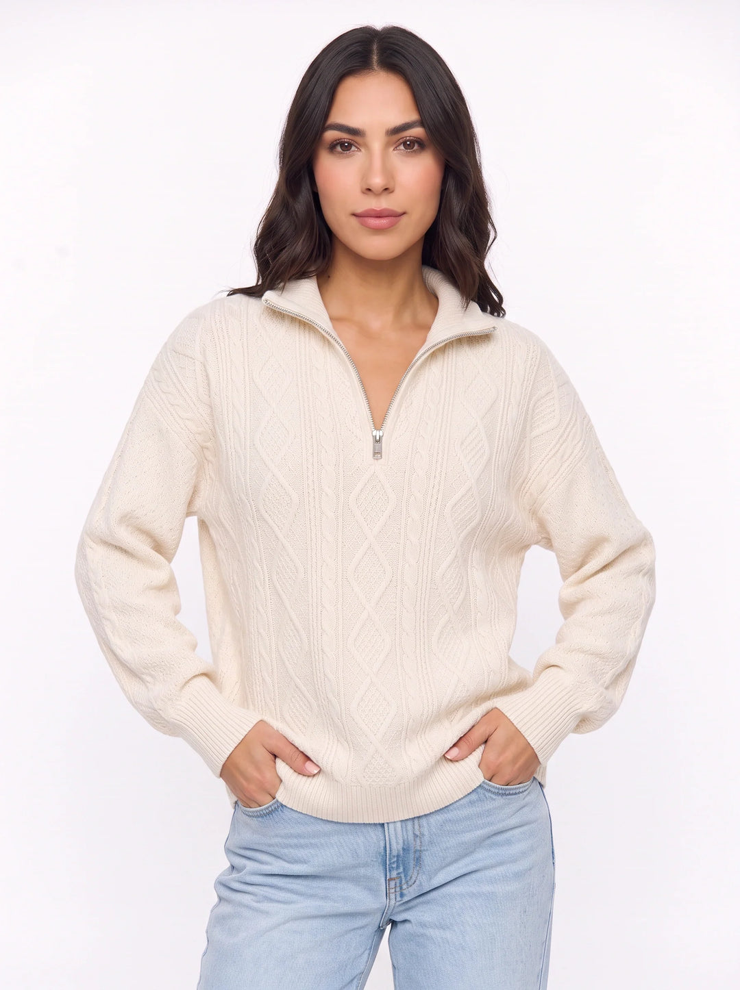 Cablina Half-Zip Cable Knit Sweater – Women Knit Sweater Casual Winter Chunky Pullover Ladies Jumper