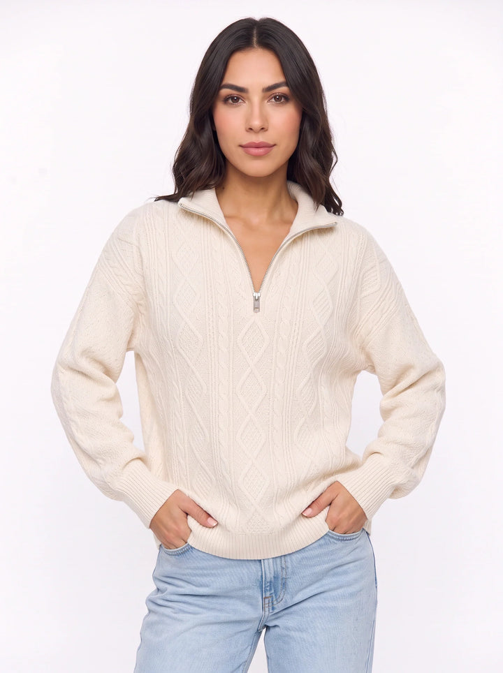 Cablina Half-Zip Cable Knit Sweater – Women Knit Sweater Casual Winter Chunky Pullover Ladies Jumper