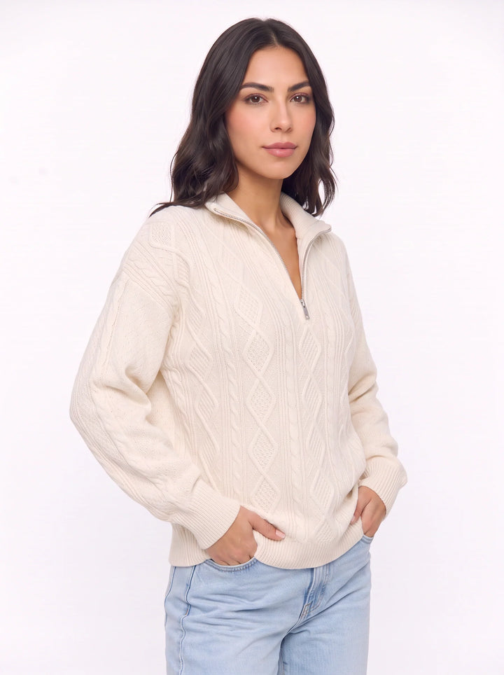 Cablina Half-Zip Cable Knit Sweater – Women Knit Sweater Casual Winter Chunky Pullover Ladies Jumper