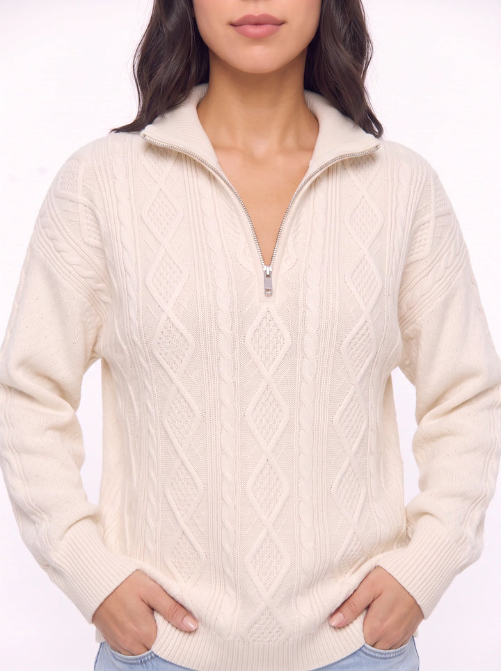 Cablina Half-Zip Cable Knit Sweater – Women Knit Sweater Casual Winter Chunky Pullover Ladies Jumper