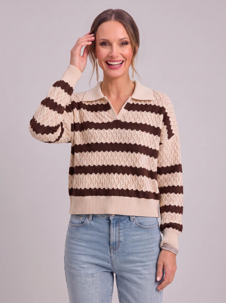 Ondura Striped Polo Knit Sweater – Textured Knit Women Casual Preppy Summer Collared Jumper