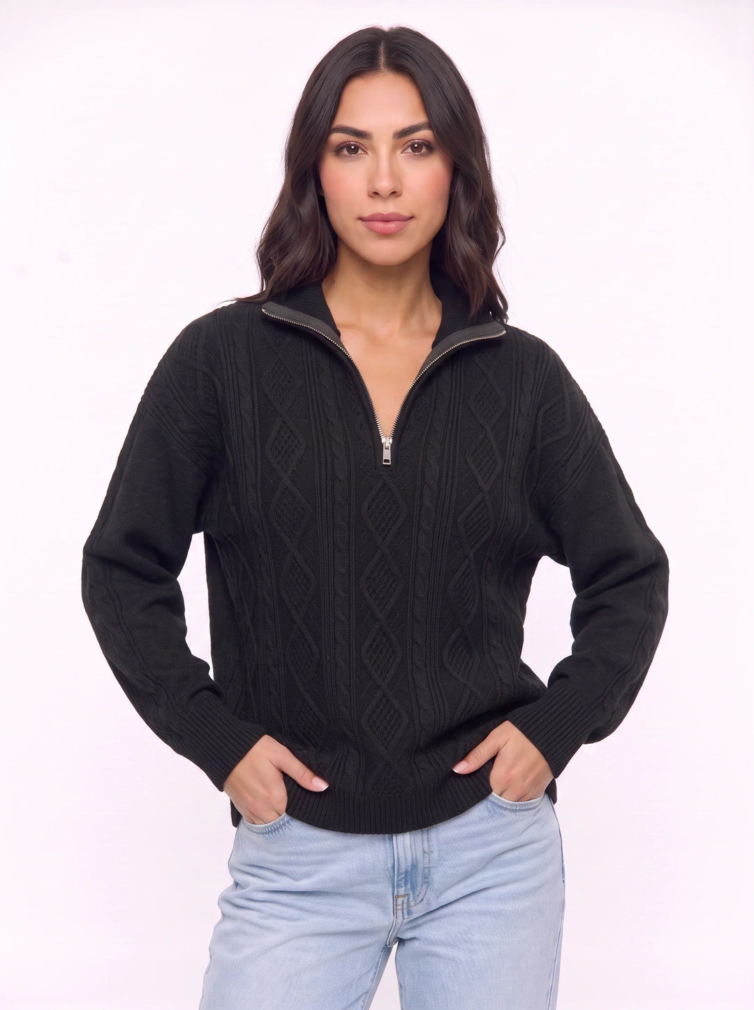 Cablina Half-Zip Cable Knit Sweater – Women Knit Sweater Casual Winter Chunky Pullover Ladies Jumper