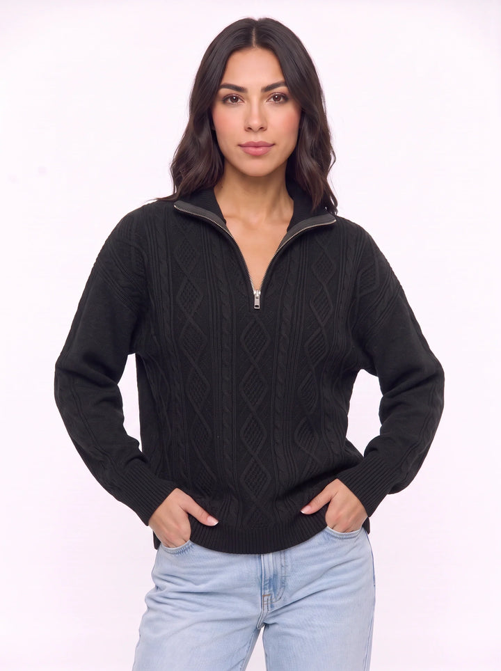 Cablina Half-Zip Cable Knit Sweater – Women Knit Sweater Casual Winter Chunky Pullover Ladies Jumper