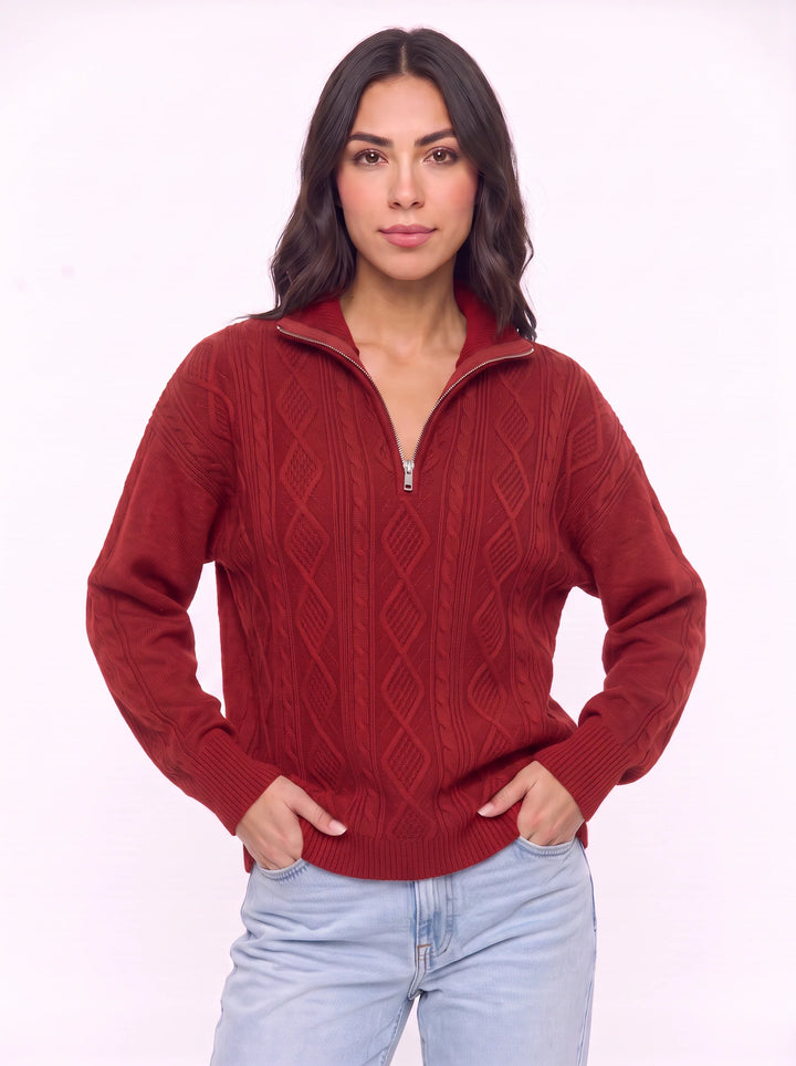 Cablina Half-Zip Cable Knit Sweater – Women Knit Sweater Casual Winter Chunky Pullover Ladies Jumper
