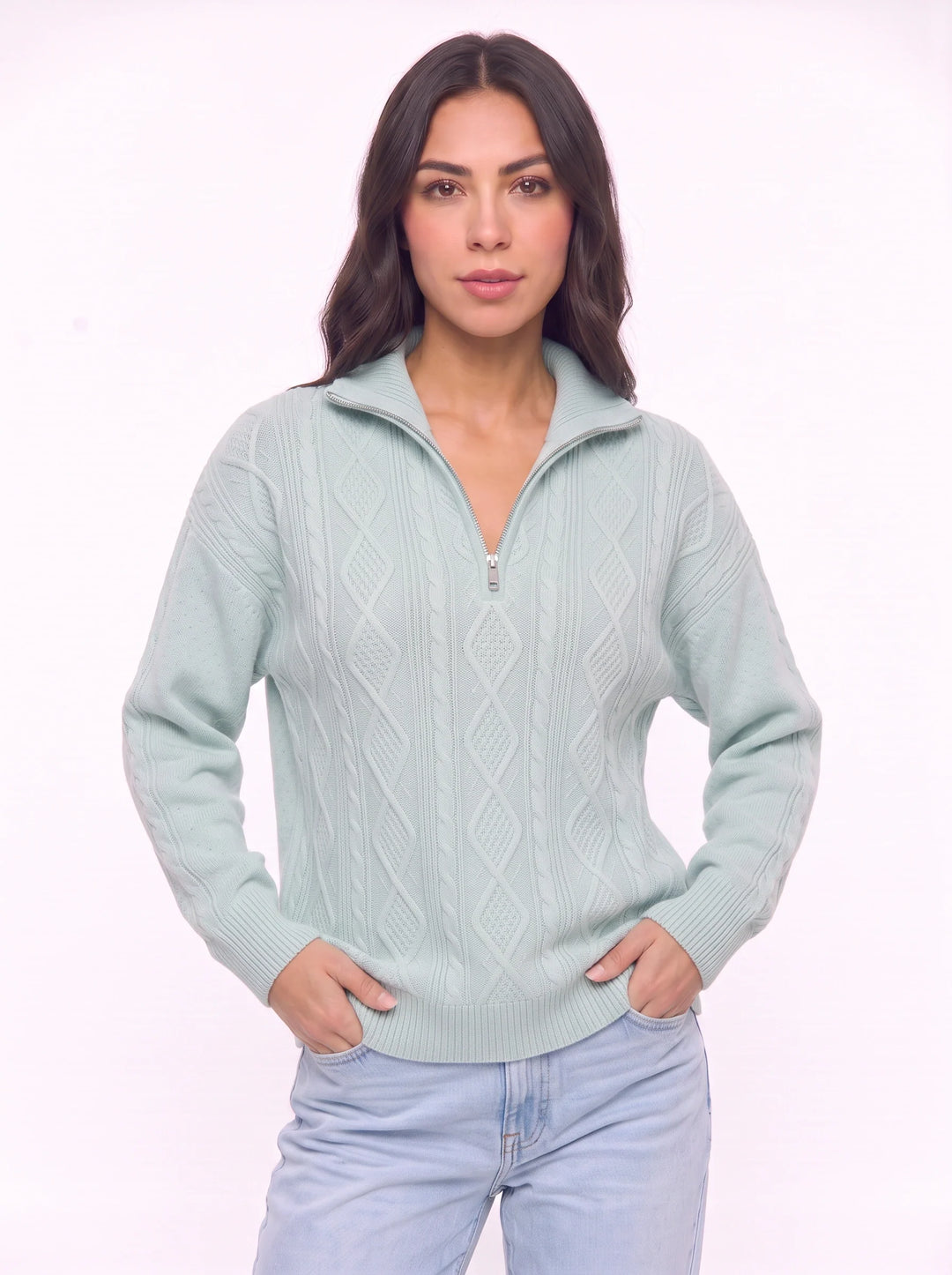 Cablina Half-Zip Cable Knit Sweater – Women Knit Sweater Casual Winter Chunky Pullover Ladies Jumper