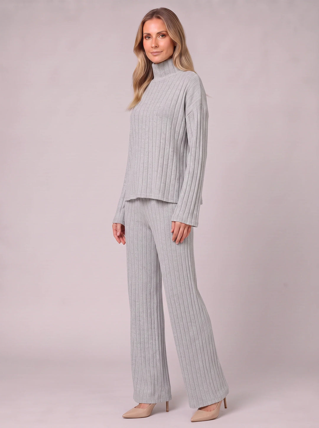 Costara Ribbed Turtleneck Lounge Set – Two Piece Sets Women Loungewear Wide Leg Trousers Roll Neck Jumper