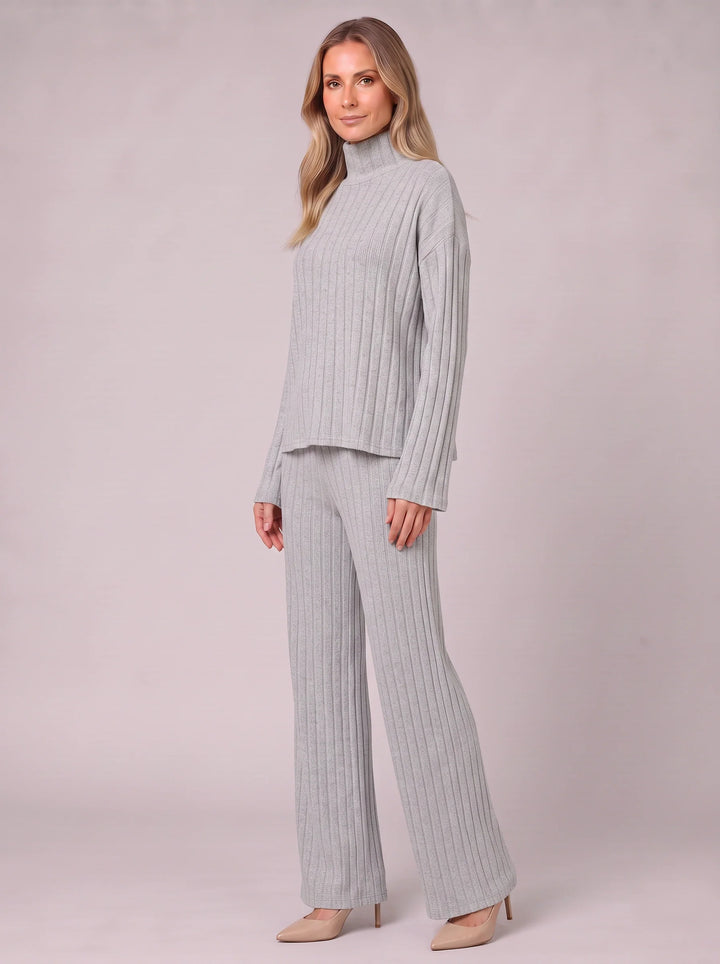 Costara Ribbed Turtleneck Lounge Set – Two Piece Sets Women Loungewear Wide Leg Trousers Roll Neck Jumper