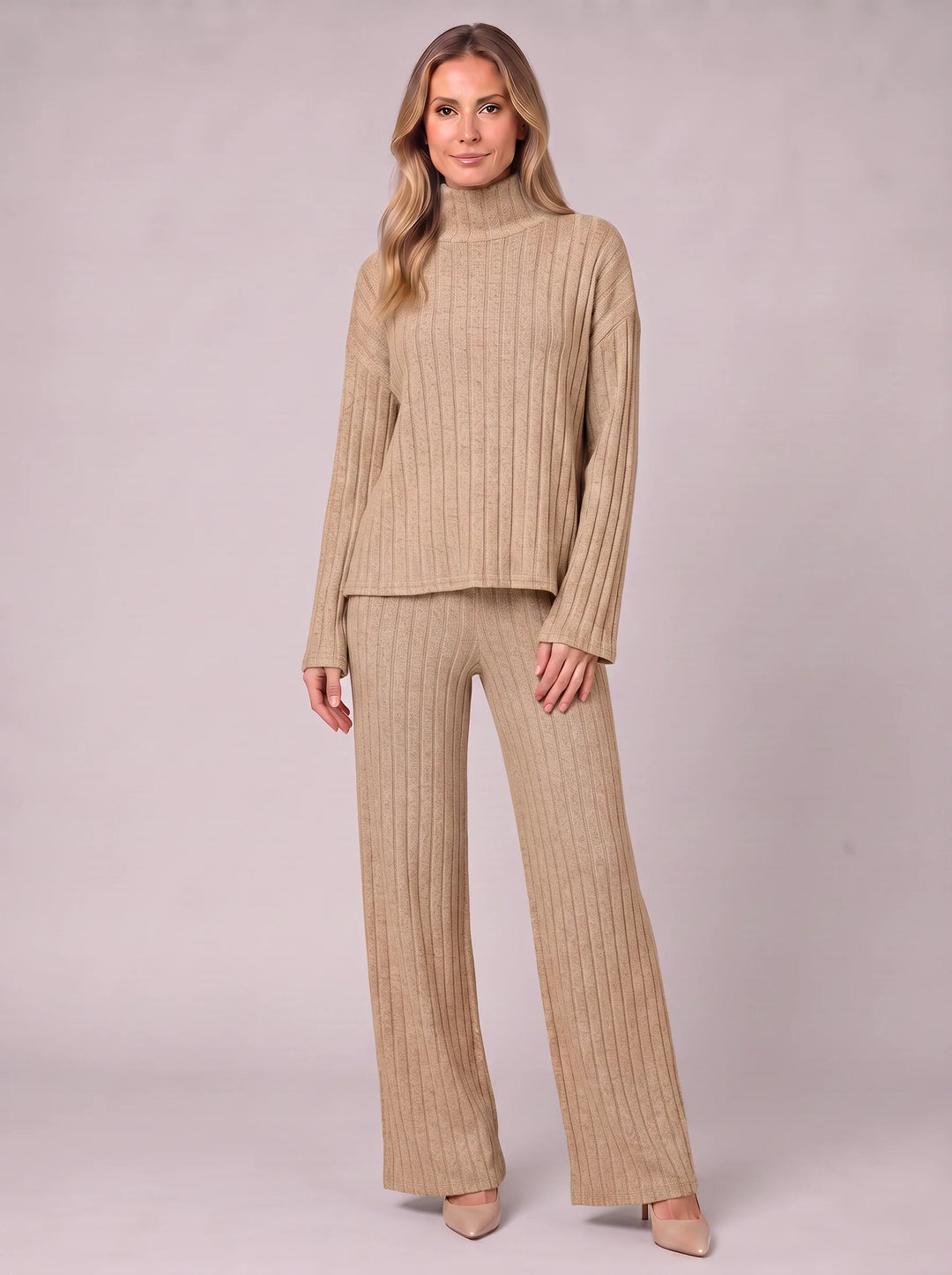 Costara Ribbed Turtleneck Lounge Set – Two Piece Sets Women Loungewear Wide Leg Trousers Roll Neck Jumper