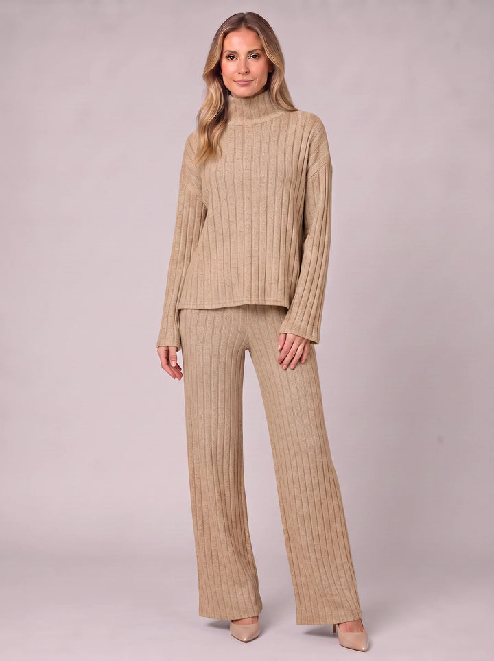 Costara Ribbed Turtleneck Lounge Set – Two Piece Sets Women Loungewear Wide Leg Trousers Roll Neck Jumper