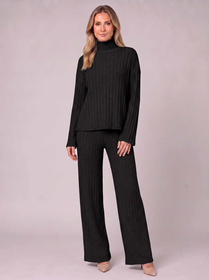 Costara Ribbed Turtleneck Lounge Set – Two Piece Sets Women Loungewear Wide Leg Trousers Roll Neck Jumper