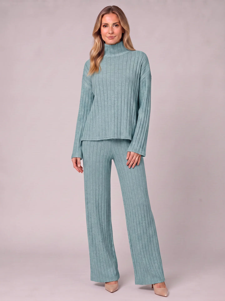 Costara Ribbed Turtleneck Lounge Set – Two Piece Sets Women Loungewear Wide Leg Trousers Roll Neck Jumper