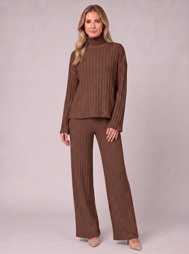Costara Ribbed Turtleneck Lounge Set – Two Piece Sets Women Loungewear Wide Leg Trousers Roll Neck Jumper