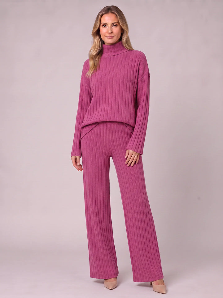 Costara Ribbed Turtleneck Lounge Set – Two Piece Sets Women Loungewear Wide Leg Trousers Roll Neck Jumper