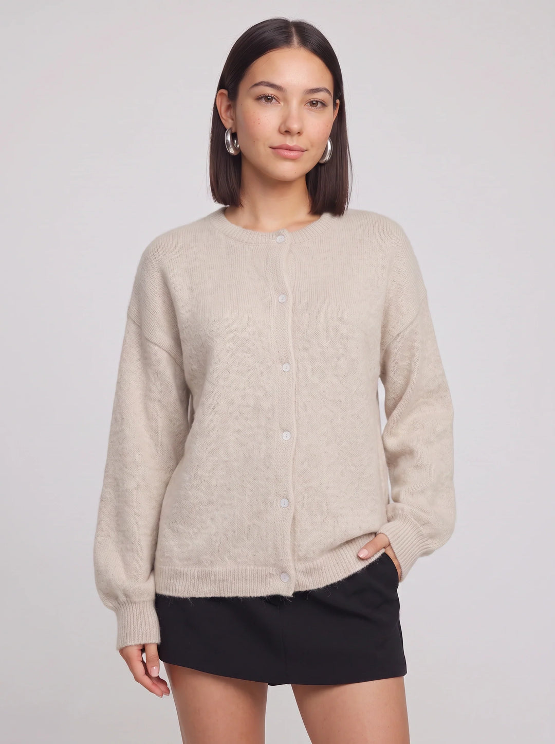Cassini Crew Neck Button-Front Cardigan – Soft Knit Women Ribbed Lightweight Layering Classic Cardigan