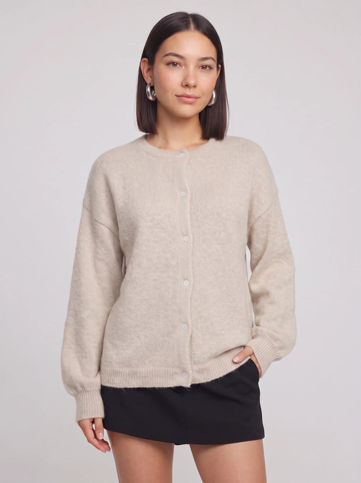 Cassini Crew Neck Button-Front Cardigan – Soft Knit Women Ribbed Lightweight Layering Classic Cardigan