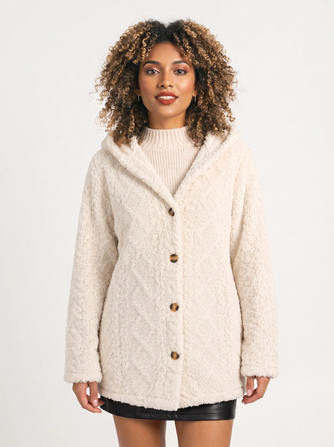 Bouclett Oversized Hooded Teddy Cardigan – Women Button-Front Fleece Jacket Longline Hoody Plush Outerwear