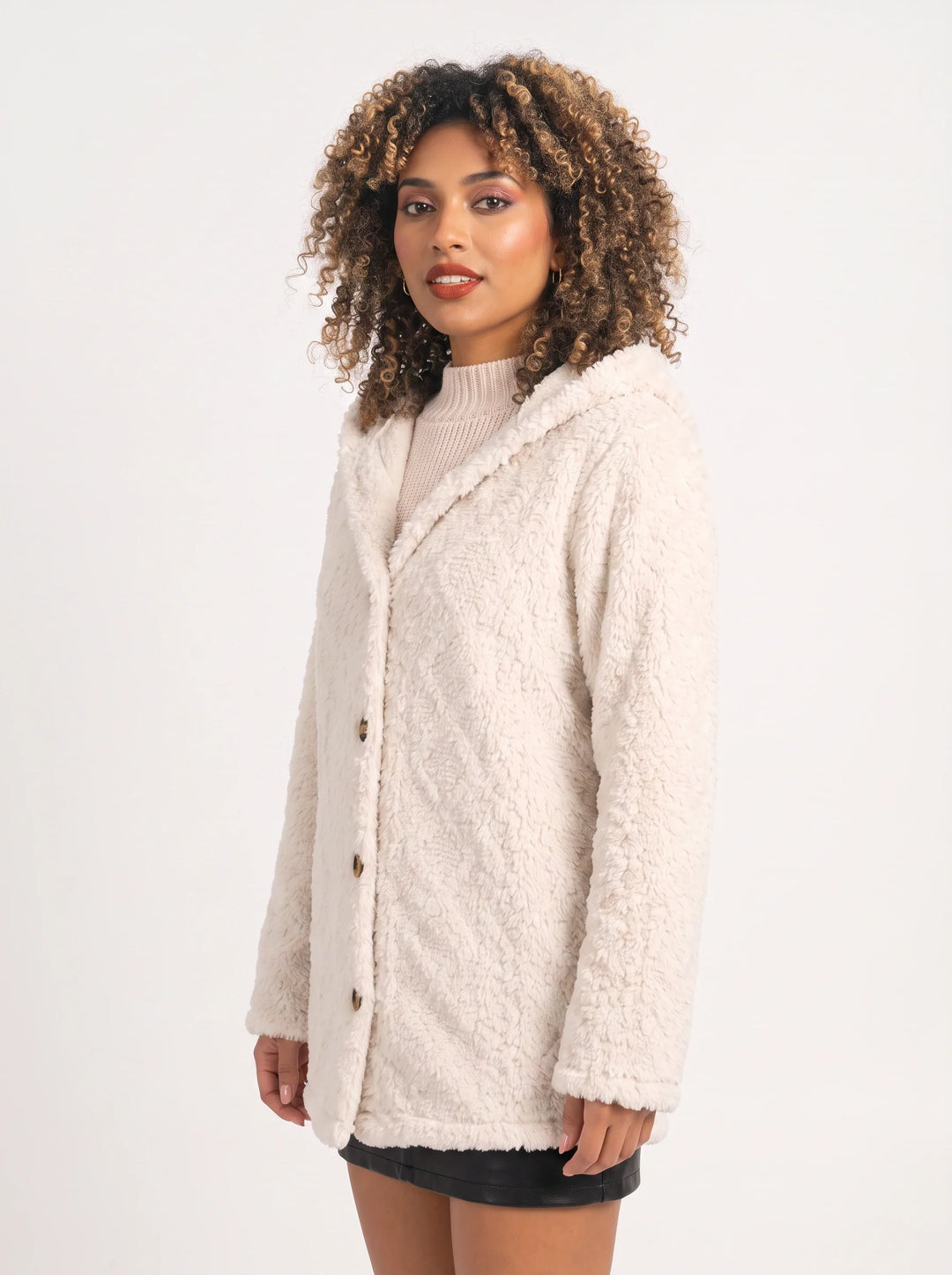 Bouclett Oversized Hooded Teddy Cardigan – Women Button-Front Fleece Jacket Longline Hoody Plush Outerwear