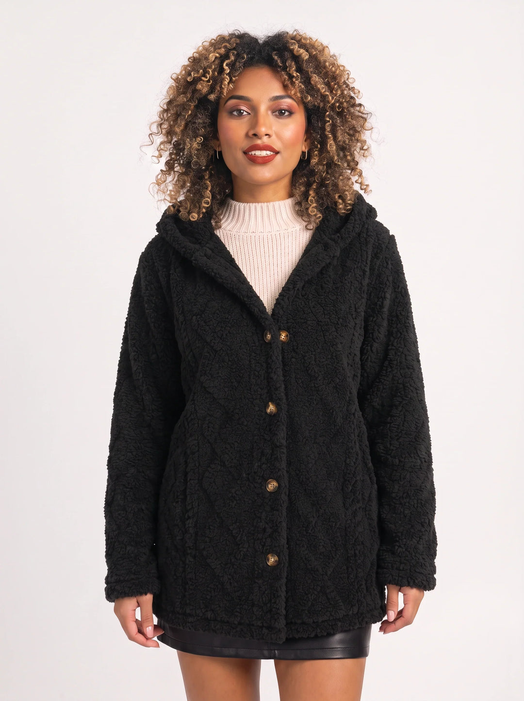 Bouclett Oversized Hooded Teddy Cardigan – Women Button-Front Fleece Jacket Longline Hoody Plush Outerwear