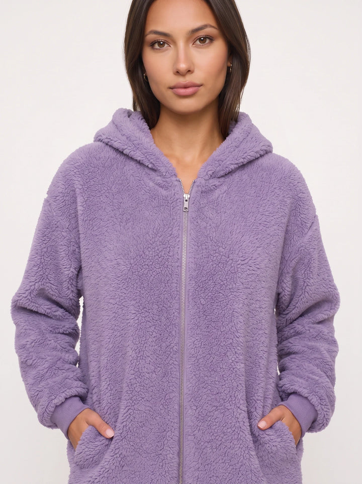 Flufosa Oversized Hooded Teddy Jacket – Zippered Hooded Sweatshirt Women Longline Plush Cardigan Pockets