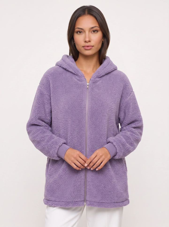 Flufosa Oversized Hooded Teddy Jacket – Zippered Hooded Sweatshirt Women Longline Plush Cardigan Pockets