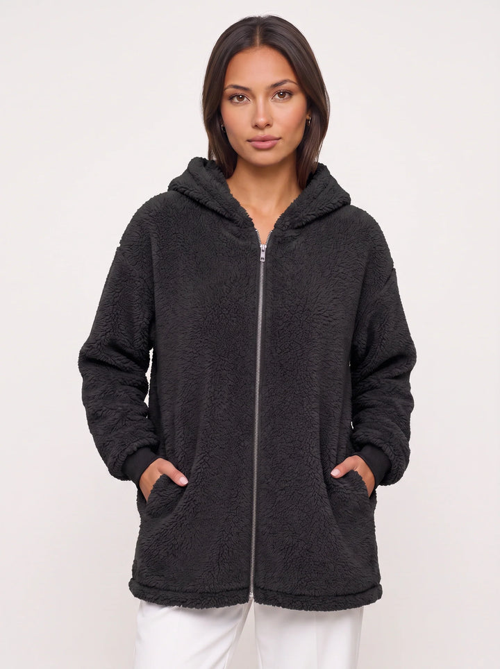 Flufosa Oversized Hooded Teddy Jacket – Zippered Hooded Sweatshirt Women Longline Plush Cardigan Pockets