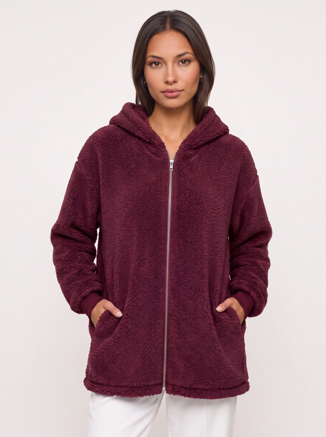 Flufosa Oversized Hooded Teddy Jacket – Zippered Hooded Sweatshirt Women Longline Plush Cardigan Pockets