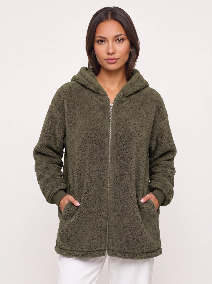 Flufosa Oversized Hooded Teddy Jacket – Zippered Hooded Sweatshirt Women Longline Plush Cardigan Pockets