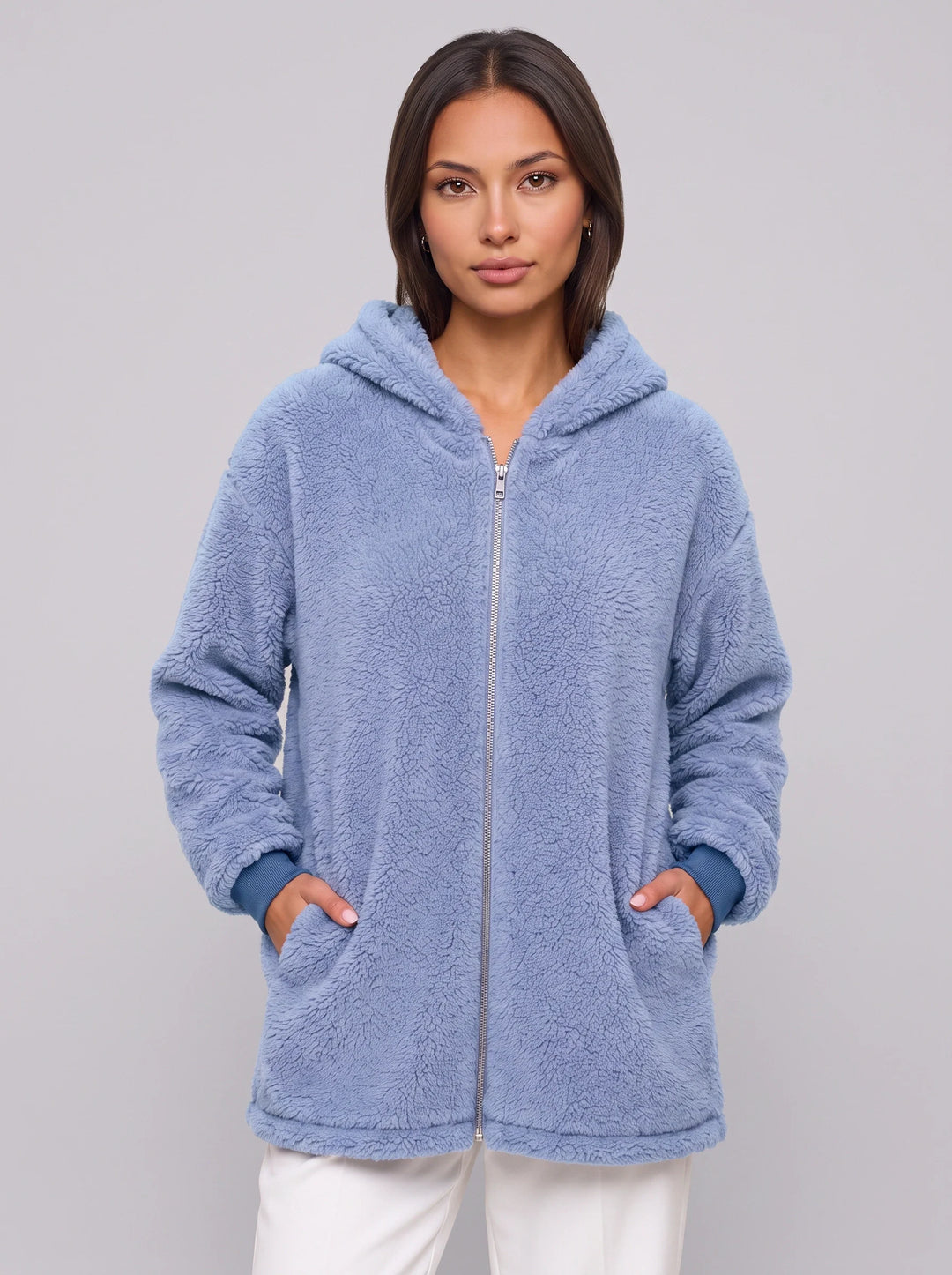 Flufosa Oversized Hooded Teddy Jacket – Zippered Hooded Sweatshirt Women Longline Plush Cardigan Pockets
