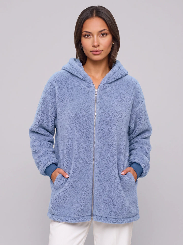 Flufosa Oversized Hooded Teddy Jacket – Zippered Hooded Sweatshirt Women Longline Plush Cardigan Pockets