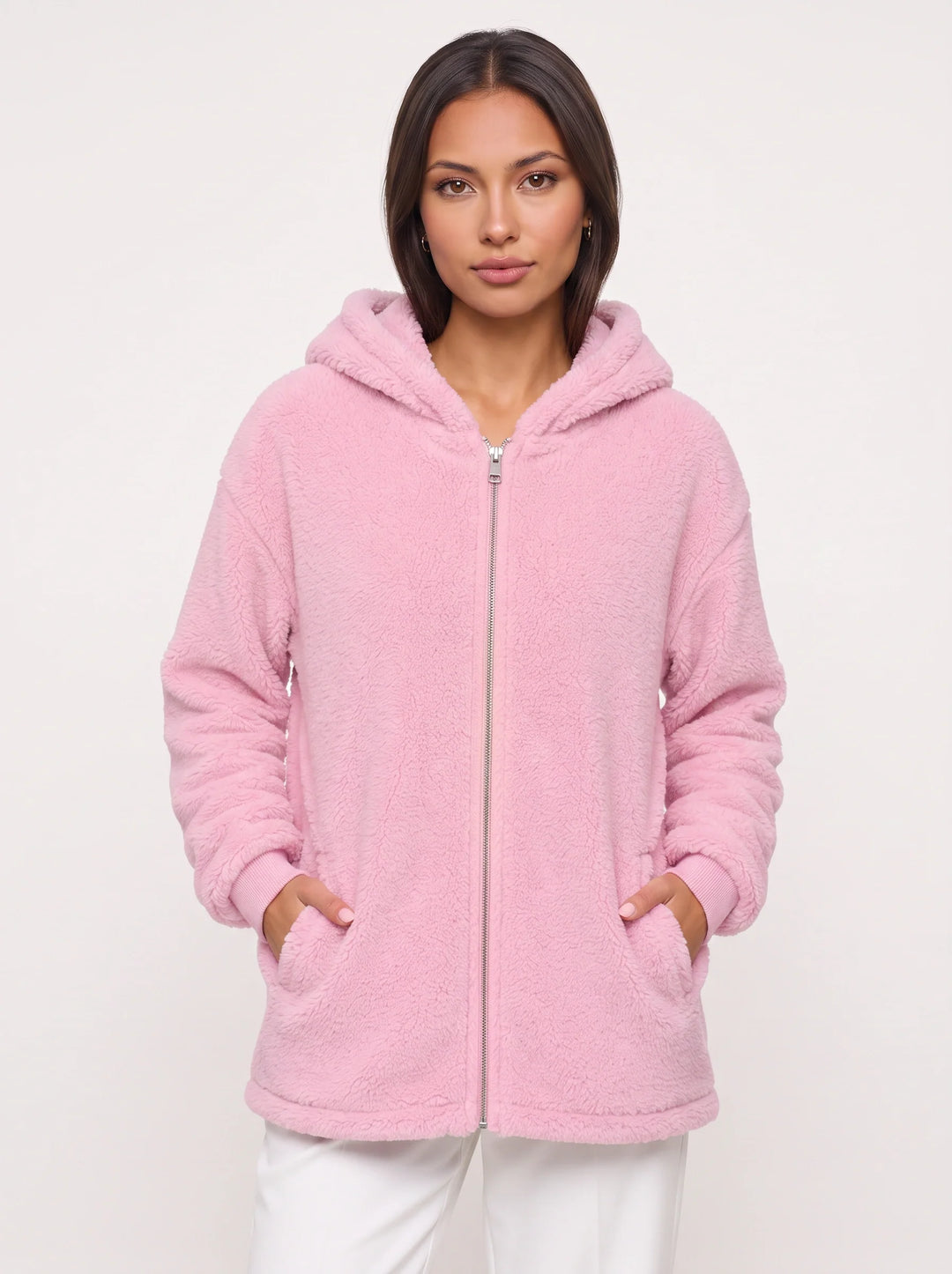 Flufosa Oversized Hooded Teddy Jacket – Zippered Hooded Sweatshirt Women Longline Plush Cardigan Pockets