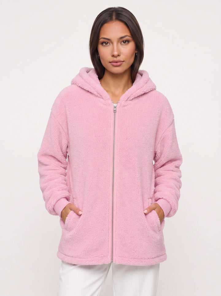 Flufosa Oversized Hooded Teddy Jacket – Zippered Hooded Sweatshirt Women Longline Plush Cardigan Pockets