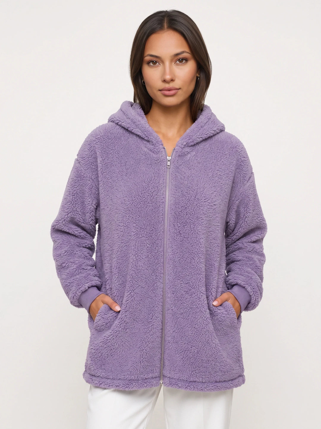 Flufosa Oversized Hooded Teddy Jacket – Zippered Hooded Sweatshirt Women Longline Plush Cardigan Pockets