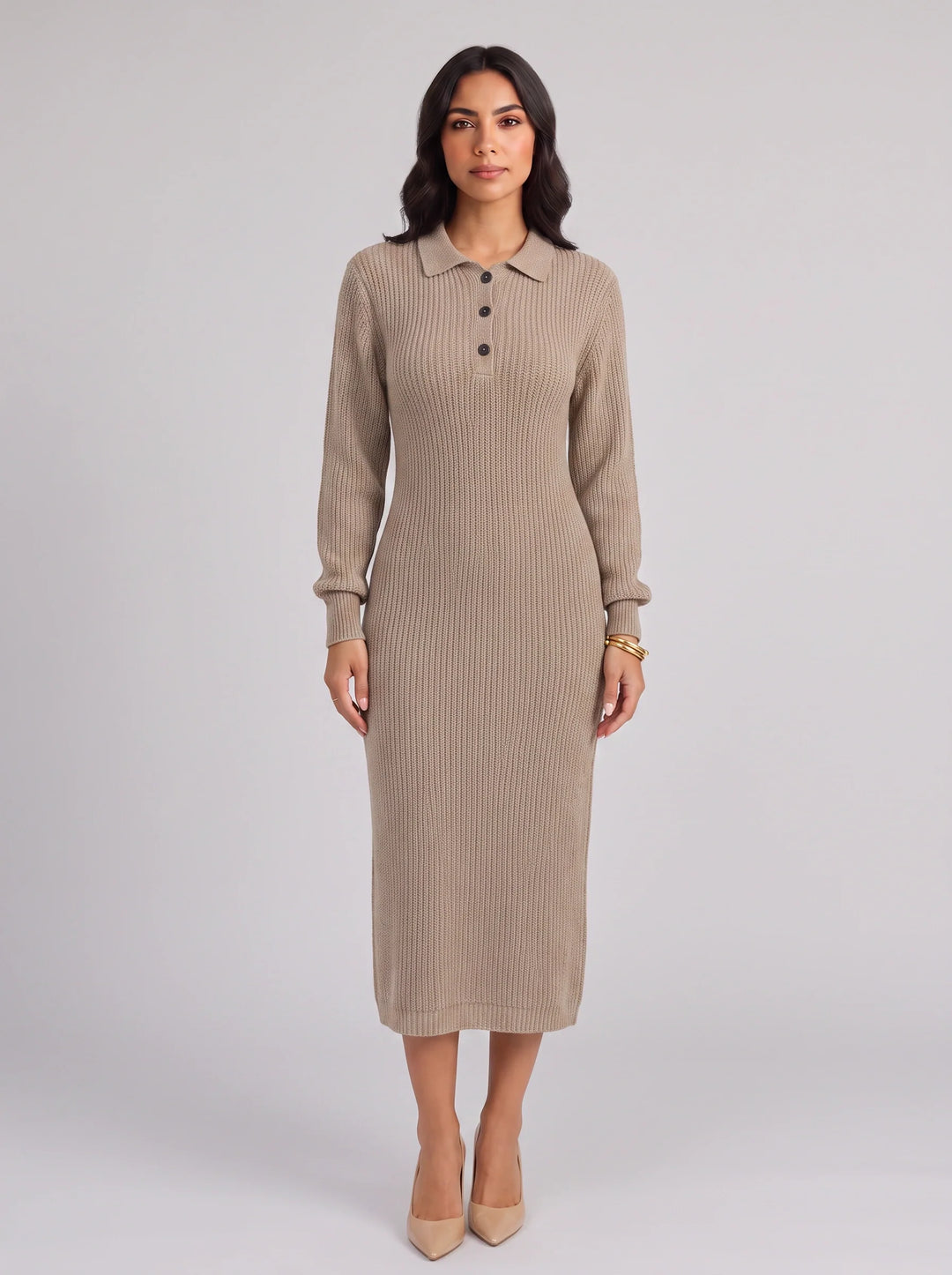 Costella Ribbed Polo Collar Midi Dress – Knit Sweater Women Casual Long Sleeve Button Neck Midi Dress