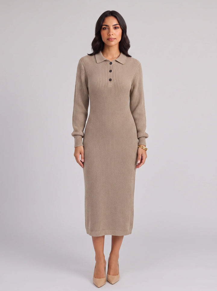 Costella Ribbed Polo Collar Midi Dress – Knit Sweater Women Casual Long Sleeve Button Neck Midi Dress