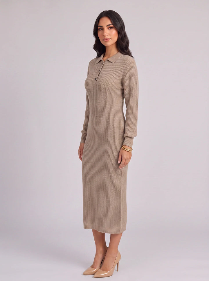 Costella Ribbed Polo Collar Midi Dress – Knit Sweater Women Casual Long Sleeve Button Neck Midi Dress