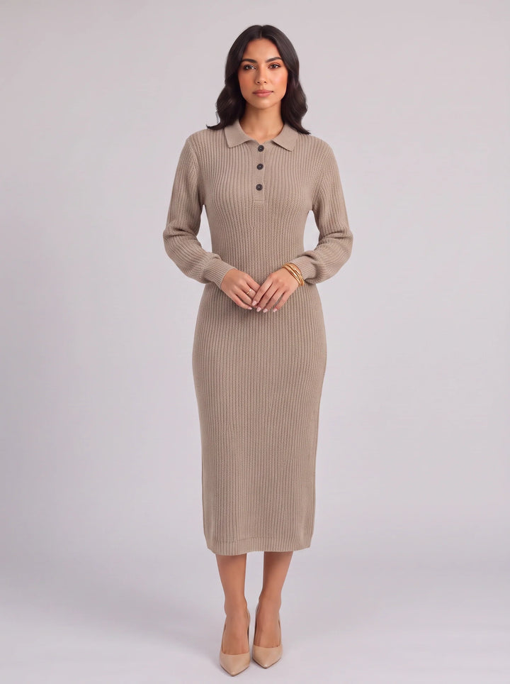 Costella Ribbed Polo Collar Midi Dress – Knit Sweater Women Casual Long Sleeve Button Neck Midi Dress