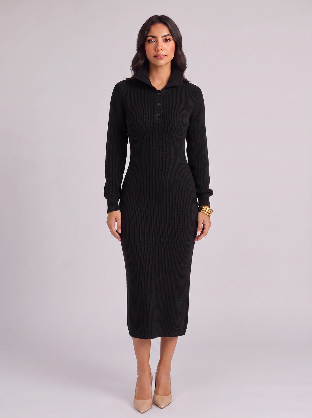 Costella Ribbed Polo Collar Midi Dress – Knit Sweater Women Casual Long Sleeve Button Neck Midi Dress